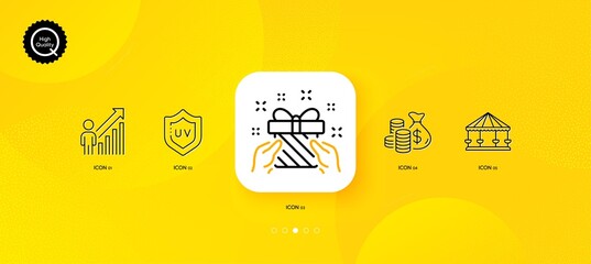 Fototapeta na wymiar Coins bag, Carousels and Employee result minimal line icons. Yellow abstract background. Uv protection, Gift icons. For web, application, printing. Investment, Attraction park, Business growth. Vector