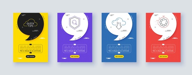 Set of Inspect, Cloud download and Quick tips line icons. Poster offer frame with quote, comma. Include Seo timer icons. For web, application. Protection shield, File storage, Helpful tricks. Vector