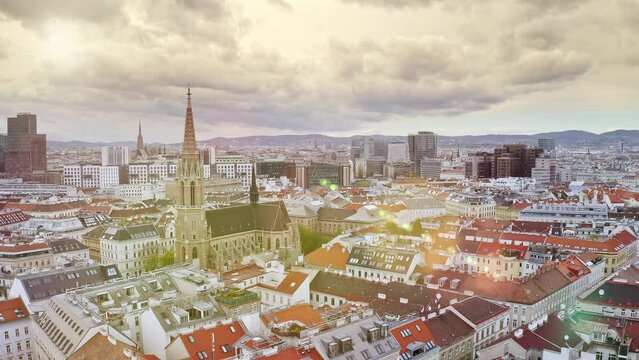 Flight drone filming picturesque shot of Vienna city capital Austria european beautiful catholic country aerial cityscape horizon with historical infrastructure Stephansplatz square in cloudy skyline
