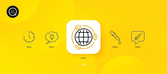 Energy, Eco energy and Time minimal line icons. Yellow abstract background. Vaccine message, Chemistry pipette icons. For web, application, printing. Lightbulb, Ecology, Clock. Vector