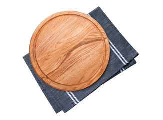 Pizza board with napkin isolated. Top view mockup
