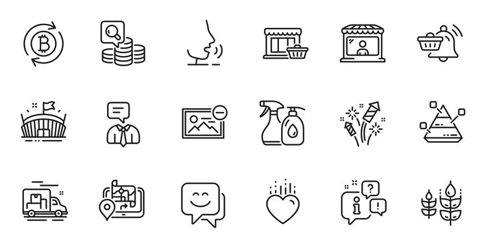Outline set of Remove image, Marketplace and Notification cart line icons for web application. Talk, information, delivery truck outline icon. Include Arena, Smile face, Gluten free icons. Vector
