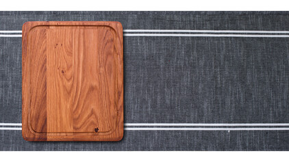 Cutting board with tablecloth, napkin isolated. Top view mockup