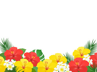 ハイビスカスと南国植物のフレーム_ベクターイラスト © あ こ