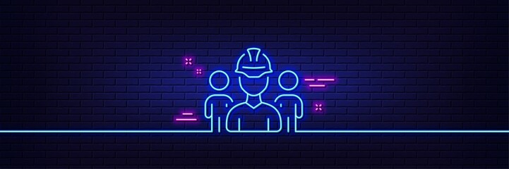 Neon light glow effect. Engineering team line icon. Engineer or architect group sign. Construction helmet symbol. 3d line neon glow icon. Brick wall banner. Engineering team outline. Vector