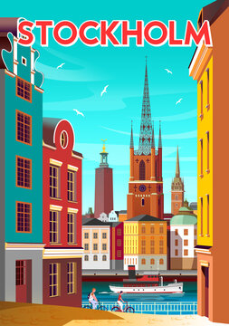 Cityscape of Stockholm with historic buildings, churches, town hall and ship on a water. Handmade drawing vector illustration. Retro style poster.