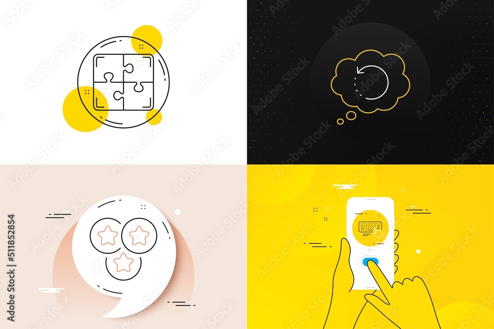 Poster minimal set of puzzle, stars and computer keyboard line icons. phone screen, quote banners. recovery