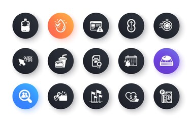 Minimal set of Flags, Hamburger and Volunteer flat icons for web development. Quick tips, Search employees, Opened gift icons. Seo timer, Notification calendar, Cooler bottle web elements. Vector