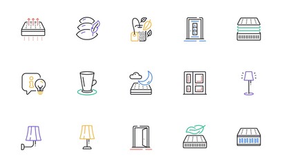 Entrance, Night mattress and Open door line icons for website, printing. Collection of Door, Wall lamp, Mint bag icons. Teacup, Pillow, Stand lamp web elements. Deluxe mattress. Sleeping pad. Vector