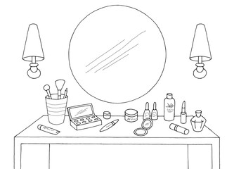 Makeup table graphic black white interior sketch illustration vector