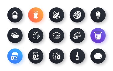 Minimal set of Coffee beans, Cooler bottle and Restaurant food flat icons for web development. Takeaway coffee, Organic waste, Cooking beaker icons. Cooking timer, Potato. Vector
