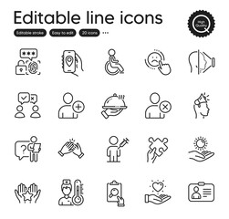 Set of People outline icons. Contains icons as Face id, People voting and Dislike elements. Search employee, Restaurant food, Id card web signs. Thermometer, Inspect, Clapping hands elements. Vector