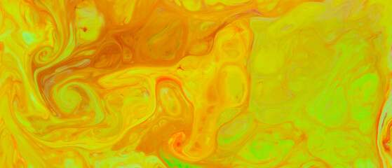 Fluid Art. Abstract paint background. Trendy orange green backdrop. Liquid surface with blurred orange-green shades