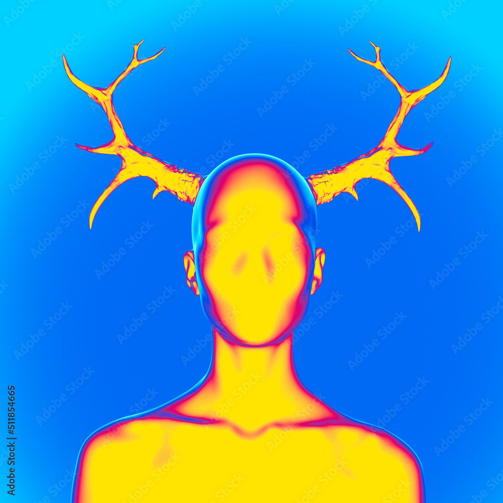 Poster abstract concept illustration from 3d rendering of scary faceless female bust figure frontal view wi