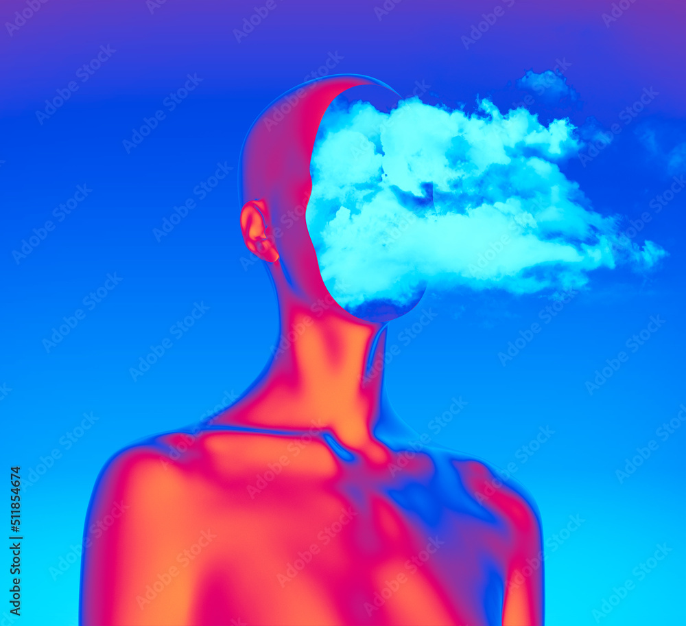 Poster abstract creative illustration from 3d rendering of female bust figure with cloudy face isolated on 