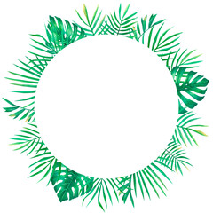 Watercolor tropical wreath with palm leaves exotic round frame on white background