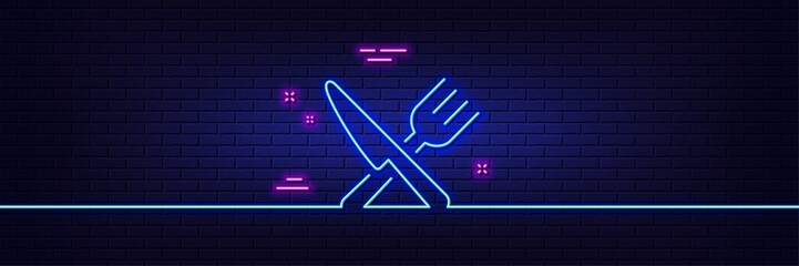 Neon light glow effect. Food line icon. Cutlery sign. Fork, knife symbol. 3d line neon glow icon. Brick wall banner. Food outline. Vector