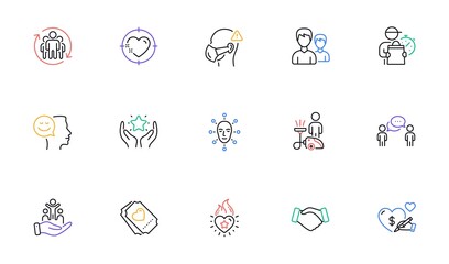 Delivery man, Cleaning and Inclusion line icons for website, printing. Collection of Love ticket, Teamwork, Medical mask icons. Consulting business, Social care, Good mood web elements. Vector