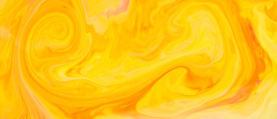 Abstract trendy golden orange backdrop. Yellow and orange paint pigment mix background. Fluid art