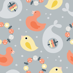 Hand drawn vector seamless pattern with cute toddler baby grasping toys