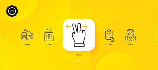 Fototapeta na wymiar Clipboard, Holidays shopping and Touchscreen gesture minimal line icons. Yellow abstract background. Money loss, Global business icons. For web, application, printing. Vector