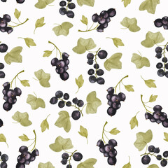 Seamless watercolor pattern hand drawn black currant branchesfor decoration, package ideas, phone cases and others