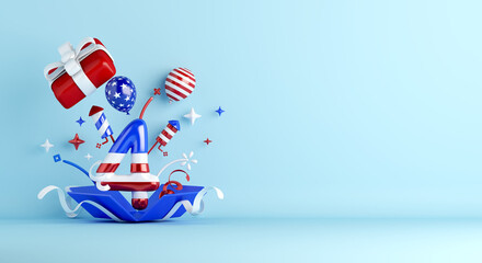 4th of July, Happy Independence Day of the USA with firework rocket gift box balloon confetti on blue background, copy space text, 3D illustration.