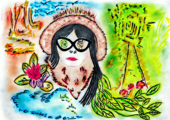 Fototapeta na wymiar Abstract creation - a computer watercolor sketch of the face of a woman who is curious about the World and its colors - Creativity, fairytale world