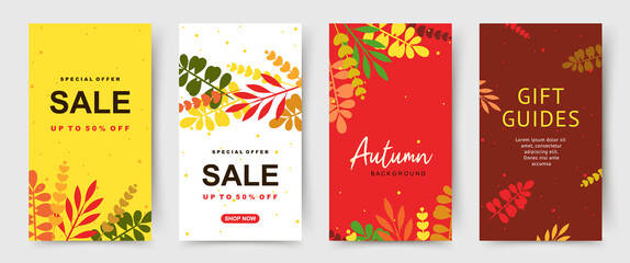 Autumn sale banner set. Vector social media post background with falling leaves. Colorful promotion template