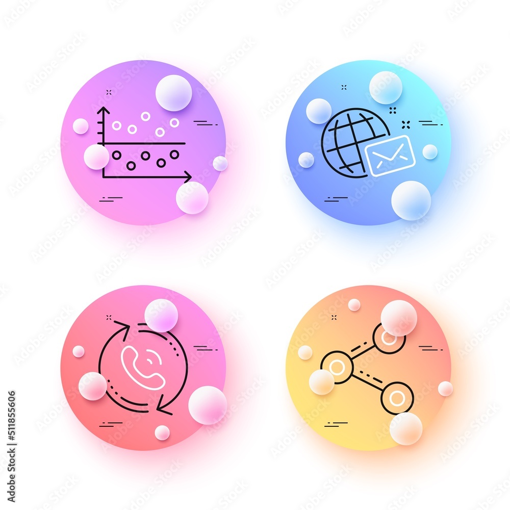 Poster share, dot plot and call center minimal line icons. 3d spheres or balls buttons. world mail icons. f