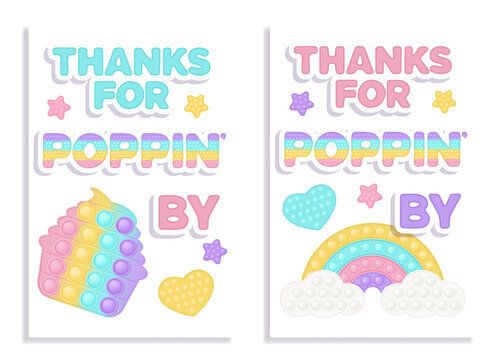 Set of two Birthday favor tags popi it fidget toy vector design with illustrations and text. Happy Birthday gift printable cards or labels in pastel popit style. Party cake design as a trendy silicone