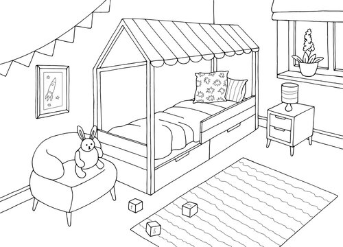 Children room graphic black white interior sketch illustration vector 