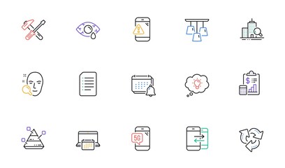 Inspect, Recycle and Energy line icons for website, printing. Collection of Report, Hammer tool, Face search icons. Ceiling lamp, Pyramid chart, Phone communication web elements. Vector