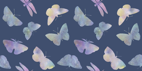 Seamless pattern Watercolor butterflies on a bright background. Botanical background of butterflies for design, wallpapers, wrapping paper, textiles.