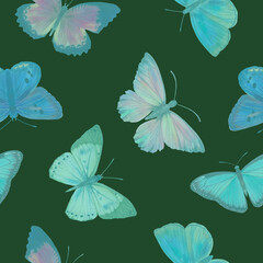 Seamless pattern Watercolor butterflies on a bright background. Botanical background of butterflies for design, wallpapers, wrapping paper, textiles.