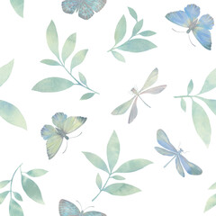 Seamless pattern painted in watercolor in digital processing. Abstract background of butterflies, dragonflies and leaves.