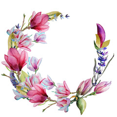 Hand Drawn Watercolor Pink Magnolia Flowers Wreath. Watercolour Floral Magnoly Composition perfect for invitations, greeting cards. Floral Frame.