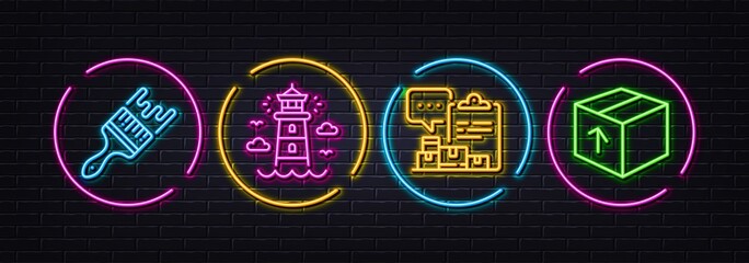 Inventory report, Brush and Lighthouse minimal line icons. Neon laser 3d lights. Package icons. For web, application, printing. Warehouse control, Art brush, Beacon tower. Delivery pack. Vector