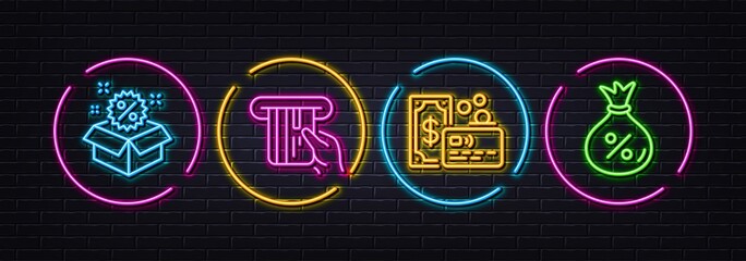 Card, Credit card and Sale minimal line icons. Neon laser 3d lights. Loan icons. For web, application, printing. Bank payment, Atm payment, Discount. Money bag. Neon lights buttons. Vector