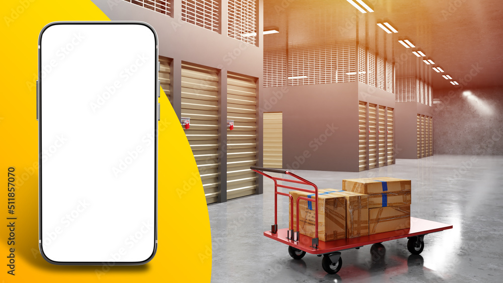 Poster storage space and phone. warehouse with blank phone. visualization storage company. rooms for rentin
