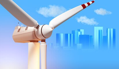 Windmill fragment. Wind turbine blades. Supplying city with electricity from wind. Concept of world energy consumption. Turbine for generating green electricity. Windmill eco friendly. 3d rendering. © Grispb