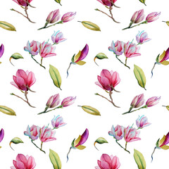 Floral seamless pattern with white Anise magnolia flowers, leaves and petals on white background. Pastel vintage theme with realistic, , spring flowers for fabric, prints, greeting cards