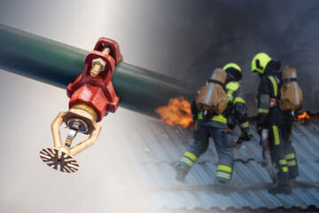 Sprinkler and firemans. Fire extinguishing system. Sprinkler near flame. Firemans on roof of building. Concept - equipment for fire fighting. Sprinkler front of building. Anti-Fire system. - obrazy, fototapety, plakaty