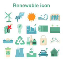 Flat icon of renewable energy. Clean energy including recycling. Home and industry using environmentally friendly alternatives. Vector illustration isolated on white background.