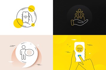 Minimal set of Voting campaign, Cogwheel and Inclusion line icons. Phone screen, Quote banners. Internet app icons. For web development. People rally, Engineering tool, Equity justice. Vector