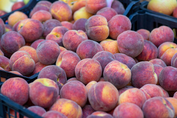 many fresh peaches on a market stall, organic fruits for sale