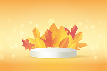 Cosmetic stand round display podium with bokeh background. Autumn product presentation. Showcase composition with leaf and branches