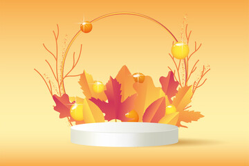White geometric platform on white gradient background. Golden arc with branches and leaves near orange pedestal podium