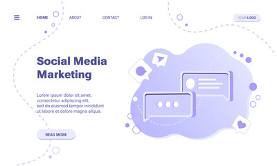 Social media marketing landing page template. Concept of network advertising, internet marketing. Vector illustration of smm with isometric message bubble with icons for social media app
