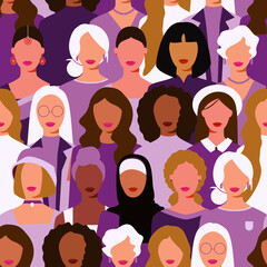 Trendy women vector illustration. Female characters, flat design. Women support and follow women. Variety of nationalities, hairstyles.Women pattern femenism bodypositive different nationalities